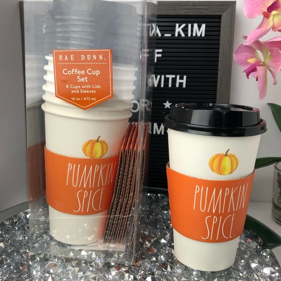 🍁☕️ New Rae Dunn PUMPKIN SPICE coffee cup set with 8 cups , lids & sleeve - Picture 1 of 11